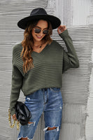 Horizontal Ribbing Dolman Sleeve V-Neck Sweater