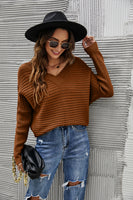 Horizontal Ribbing Dolman Sleeve V-Neck Sweater