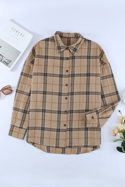 Plaid Dropped Shoulder Collared Shirt Jacket