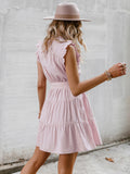 Tie-Waist Ruched Frill Trim Tiered Mini Dress