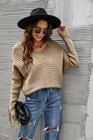 Horizontal Ribbing Dolman Sleeve V-Neck Sweater