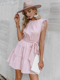 Tie-Waist Ruched Frill Trim Tiered Mini Dress