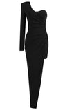 One Shoulder Asymmetrical Trim Bodycon Dress