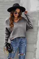 Horizontal Ribbing Dolman Sleeve V-Neck Sweater