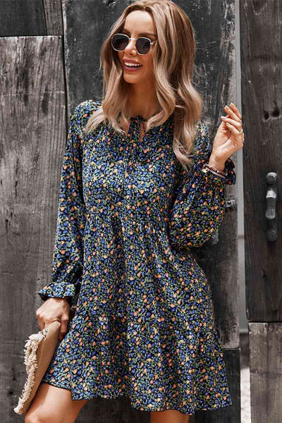 Floral Long Sleeve A Line Dress