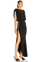 Sleeveless V-Back Metal Chain Asymmetrical Dress