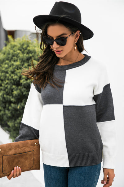 Color Block Checkered Drop Shoulder Sweater